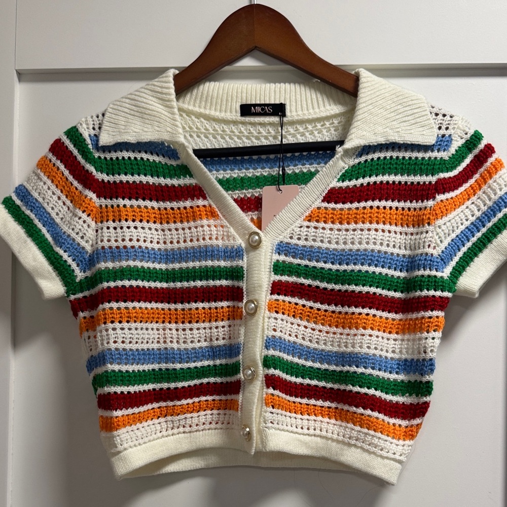 Cute crochet Micas Women's Multicolor Striped Sweater with Pearl button